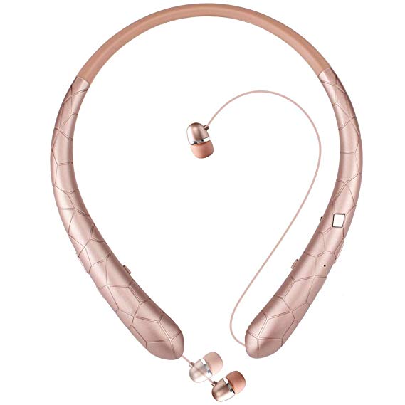 Bluetooth Headset, Wireless Earbuds Retractable Stereo Neckband Headphones with Mic by Mikicat (12 Hours Play Time, Noise Canceling, Rose Gold)