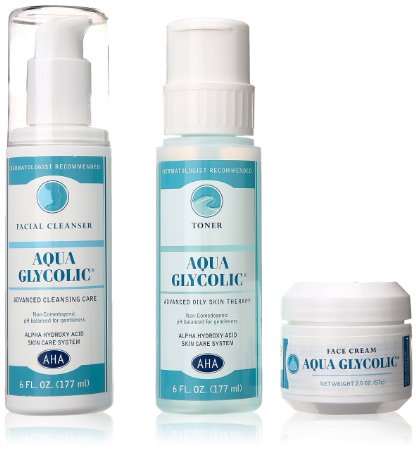 Aqua Glycolic Alpha Hydroxy Acid Skin Care System, Facial Cleanser 6 Ounce, Toner 6 Ounce, Face Cream, 2 ounce 1 kit