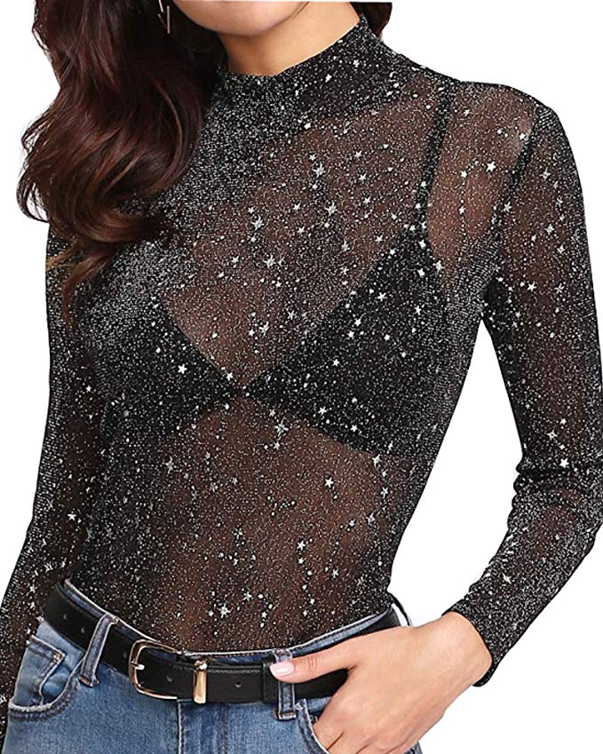 MANGOPOP Women's Glitter Sheer Mesh Tops Tee Blouse Clubwear