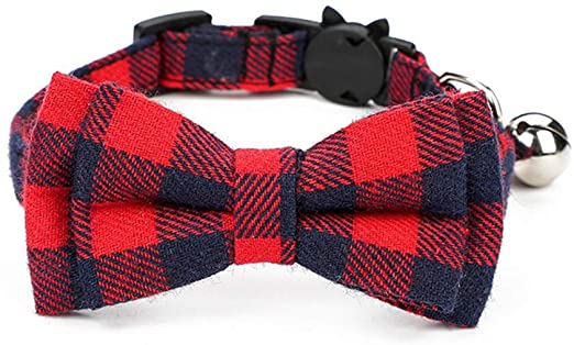 Moscare Tartan Quick Release Cat Collars With Removable Bell and Bow Tie (Red)