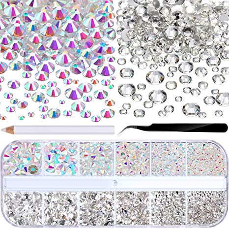 2000 Pieces Flat Back Gems Round Crystal Rhinestones 6 Sizes (1.5-6 mm) with Pick Up Tweezer and Rhinestones Picking Pen for Crafts Nail Face Art Clothes Shoes Bags DIY (Clear and Clear AB)