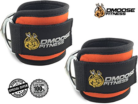 Ankle Straps for Cable Machines by DMoose Fitness (Choice of Single or Pair) - Strong Velcro, Double D-Ring, Adjustable Comfort fit Neoprene - Premium Ankle Cuffs to Enhance Abs, Glute & Leg Workouts