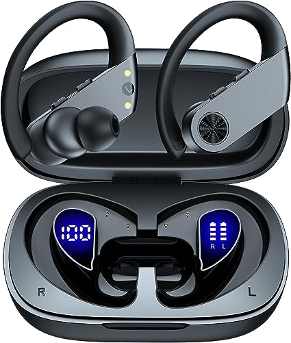 Wireless Earbuds 110H Playtime Ear Buds Bluetooth Headphones with 2200mAh Charging Case Dual Power Display Waterproof Over Ear Earphones with Earhooks for Sport Workout Laptop TV Computer Phone Black