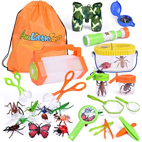 27 PCs Bug Catcher Kits for Kids, Outdoor Explorer Kit with Bug Containers, Butterfly Nets, Magnifying Glass, Binoculars, Insect Traps, Bug Tongs, Telescope, Tweezers, Compass and Backpack