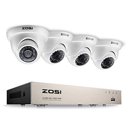 ZOSI Home CCTV Camera System 8 Channel 1080P Lite Surveillance DVR kit and 4x1280TVL Outdoor Dome CCTV Cameras 720P HD Smart Security Camera System