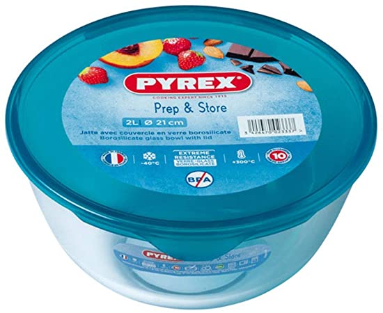 Pyrex 180P000 - 2 Liter Bowl With Lid from Borosilicate Glass Stain Resistant Assorted