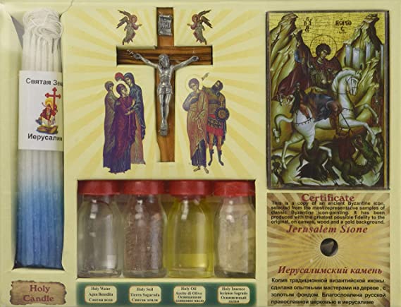 7 in One Holy Water, Soil, Oil, Cross, Incense, Candle & Icon Big Jerusalem Set from The Holy Land