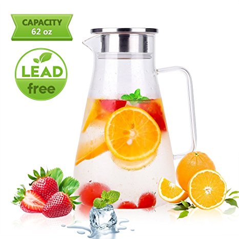 Glass Pitcher Uten Upgrade Clear Water Pitcher with Solid Handle  Anti-overflow V-opening Mouth Pour Premium Refrigerator Pitcher for Juice,Coffee,Ice Cold Water,Hot Water,Tea,etc. [1.8 L , 62 Oz]