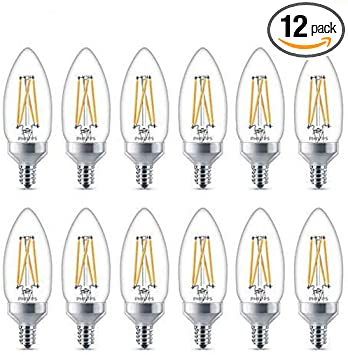Philips LED Flicker-Free Dimmable B11 Light Bulb, Classic Glass, 300 Lumen, Soft White Light (2700K), 3.3W=40W, E12 Base, Title 20 Certified, 12-Pack