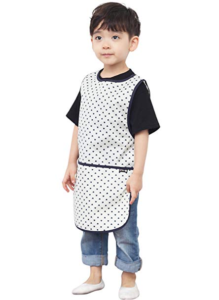 Plie Children Waterproof Sleeveless Art Smock Apron with Pockets, Navy Heart Dot (26-M)