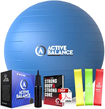 Active Balance Exercise Ball - Gym Grade Fitness Ball for Stability, Balance & Yoga - Comes with Bonus Resistance Bands and eBook Includes Pump & Accessories