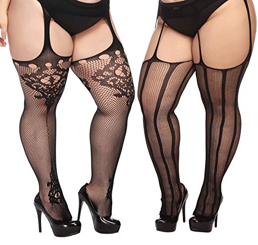 TGD Plus Size Stockings for Women Suspender Pantyhose Fishnet Tights Black 2 Pairs Thigh High Stocking (Fit US 8-16)