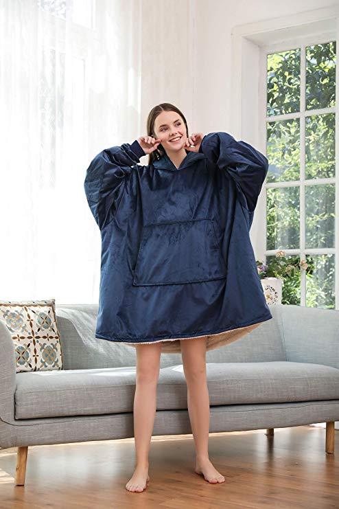 Reafort Soft One Size Fit All Micromink Reverse to Sherpa Sweatshirt Blanket, Hoody for Men, Women, Teen(Navy)