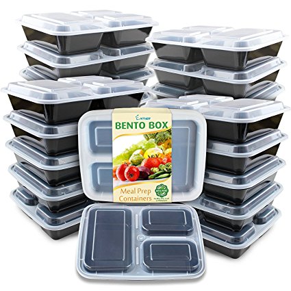 Enther Meal Prep Containers [20 Pack] 3 Compartment with Lids, Food Storage Bento Box | BPA Free | Stackable | Reusable Lunch Boxes, Microwave/Dishwasher/Freezer Safe,Portion Control (36 oz)