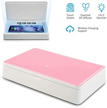 UV Sanitizer/Wireless Charger for Smartphone, Multi-Function Cellphone Sterilizer Box Portable Aromatherapy Disinfector Salon Tools for iPhone Android Devices Toothbrush Watch (Pink)