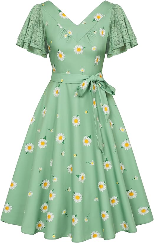 Belle Poque Women's Summer Short Puff Sleeve Cocktail Dress 1950s Vintage V-Neck A Line Swing Dresses with Belts