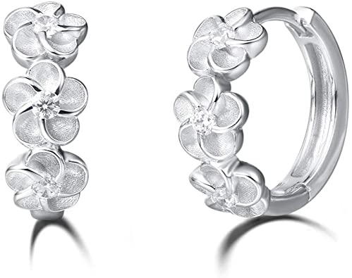 Carleen White Gold Plated Real Sterling Silver Triple Flower Sparkling Cubic Zirconia CZ Small Tiny Hinged Huggie Cartilage Hoop Earrings For Women Girls, 14mm