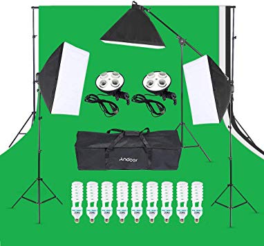 Andoer Photography Lighting Kit, 6.6ft x 10ft Background Support System Including 3pcs Cotton Backdrops 9pcs 135W Bulbs for Photo Video Product Shoot