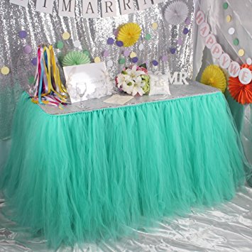 AerWo Tutu Table Skirts Tulle Queen Snowflake Wonderland Tutu Table Cloth for Girl Princess Party Baby Shower Wedding Birthday Parties Decoration Mint Green