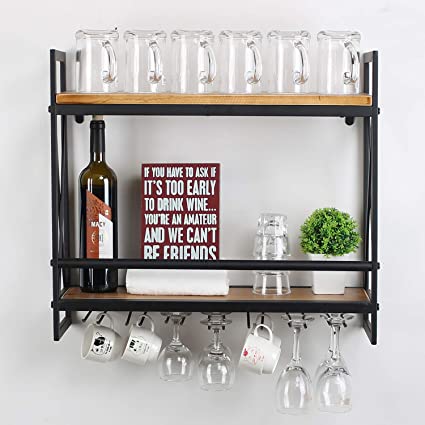 MBQQ Rustic Wall Mounted Wine Racks with 7 Stem Glass Holder,23.6in Industrial Metal Hanging Wine Rack,2-Tiers Wood Shelf Floating Shelves,Home Room Living Room Kitchen Decor Display Rack