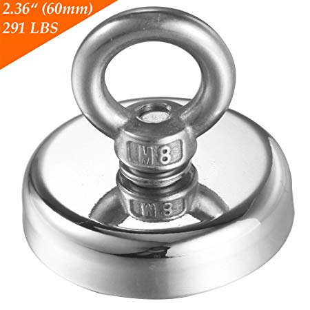 Wukong 291 LBS Pulling Force(132KG) Super Powerful Round Neodymium Magnet with Countersunk Hole and Eyebolt Diameter 2.36''(60mm) Great for Underwater Retrieving or Magnetic Fishing.