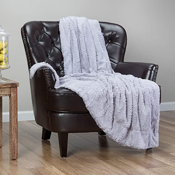 Chanasya Fuzzy Faux Feather Fur Throw Blanket - Reversible Soft Elegant Ruffle Front and Micro Mink Back Chick Blanket for Bed Couch Room (50x65 Inches) Lavender