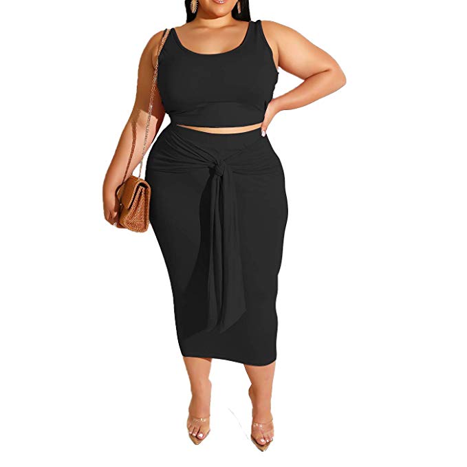 Womens Sexy Plus Size 2 Piece Midi Dress Outfits - Sleeveless Tie Dye Print Tank Crop Top Bodycon Skirts Set