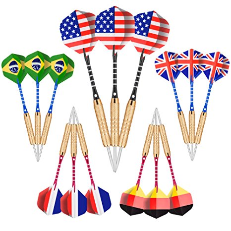 GRM 15 Packs Steel Tip Darts,18 Grams Stainless Steel Needle Tip Darts with Aluminum Shafts and Brass Barrels,Included 6 Free National Flag Flights (7 Styles/21 pcs in Total)