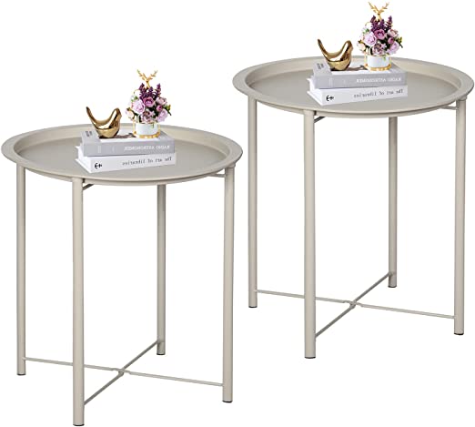 VECELO Side/End Table, Folding Round Metal Anti-Rust and Waterproof Outdoor or Indoor Tray for Living Room Bedroom Balcony and Office,Set of 2 , 2 PCS, Beige