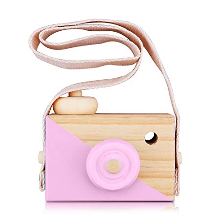 Kids Wooden Mini Camera Toy – PCloud Natural Cute Wood Camera Sharpe Toy with Neck Strap for Baby Toddlers Children, Kids Room Hanging Décor,Perfect Birthday Christmas Gift (Pink)