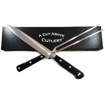 Carving Knife Set From a Cut Above Cutlery - 8 Inch Stainless Steel Carving Knife and Fork with Black Wood Handles
