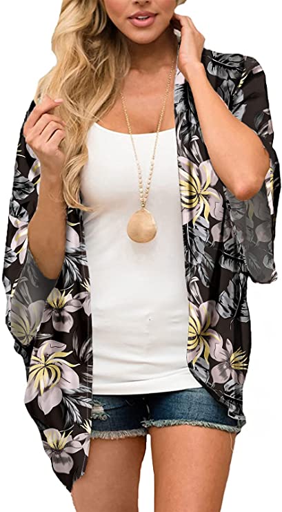 BB&KK Women's Chiffon Boho Kimono Cardigans Casual Loose Open Front Cover Ups