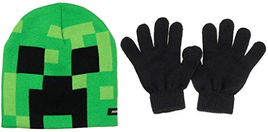 Minecraft Creeper Face Kids Beanie Hat Cap and Gloves Set New Green