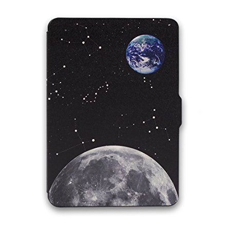 Kandouren Case Cover for Amazon Kindle Paperwhite - Moon & earth Skin,Slim Leather Cover with Autowake(Fit 6 inch 6th generation new Kindle Paperwhite 2013 2015 2016),Black color,Moon & earth