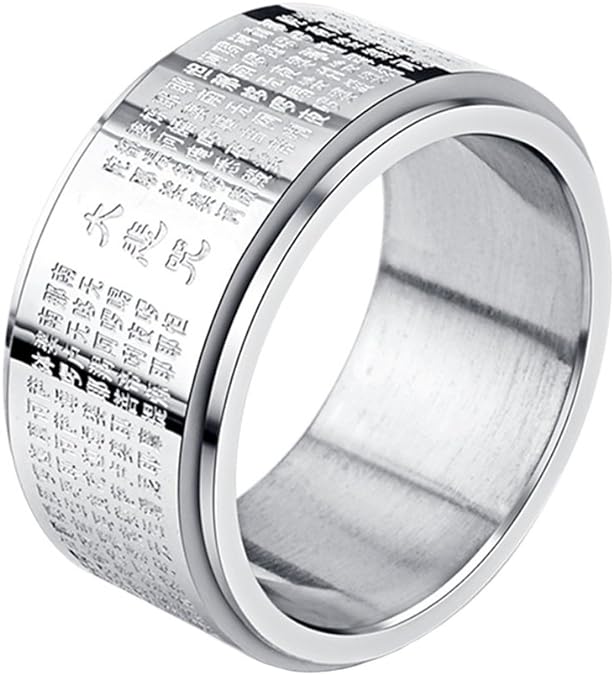 INRENG Stainless Steel Buddhist Rings for Men Engraved Chinese Great Compassion Mantra 11mm Wide Bands