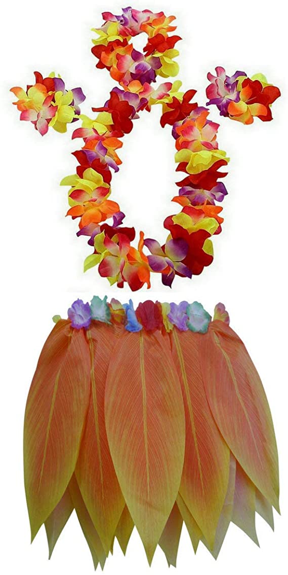 AniiKiss Ti Leaf Skirt Hawaiian Hula Grass Skirt with Flower Leis for Women,Girls,Men,Luau Party Dress Outfits
