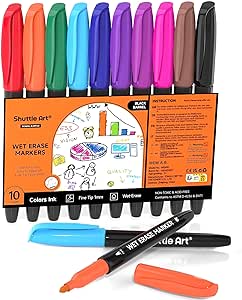 Shuttle Art Wet Erase Markers, 10 Colors 1mm Fine Tip Smudge-Free Markers, Use on Laminated Calendars, Overhead Projectors, Schedules, Whiteboards, Transparencies, Glass, Wipe with Water