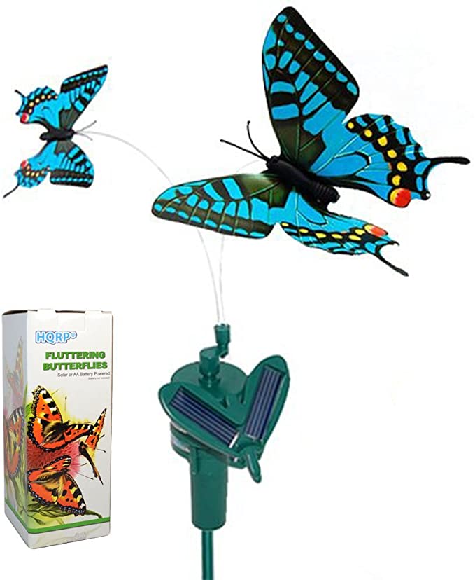 HQRP Twin Solar Butterflies Flying Fluttering Blue Swallowtail Powered by Sun or AA Battery for Garden Plants Flowers Plus UV Chain/UV Health Meter