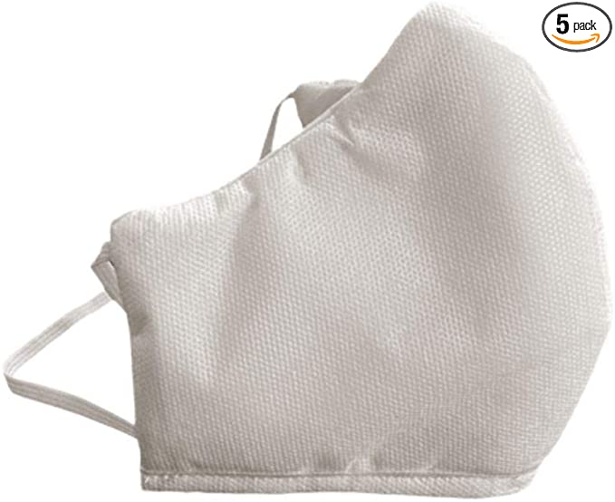 Washable & Reusable 3-Layer Face Masks with Elastic Straps for Around The Head and Neck, White, Maximum Comfort, Lightweight, and Breathable, Made in North America (5 pk)