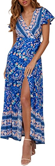 ZESICA Women's Bohemian Floral Printed Wrap V Neck Short Sleeve Split Beach Party Maxi Dress Blue