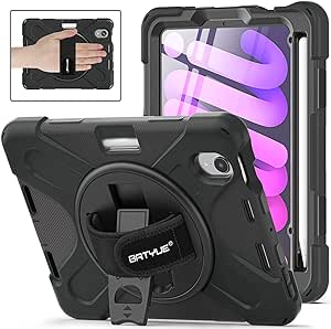 BATYUE iPad Mini 6 Case 8.3” 2021 with Pencil Holder [360 Rotating Hand Strap] & Stand, Drop-Proof Kids Case for iPad Mini 6th Gen 8.3'' inch (Black)