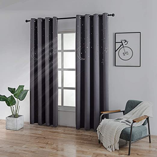 MANGATA CASA Grey Blackout Curtains with Star for Kids Bedroom-Cutout Galaxy Window Curtains & Drapes with Grommet for Nursery Room-Baby Darkening Curtains 63 Inch Length 2 Panels(Dark Gray 52x63in)