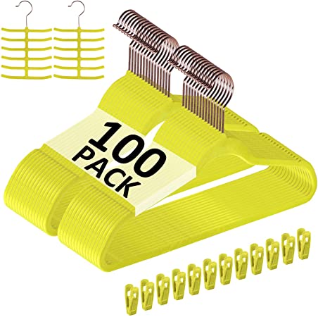 VECELO Premium Velvet Suit Hangers Heavy Duty (100 Pack) - Non Slip & Space-Saving Clothes Hangers with 12 Finger Clips and 2 Tie Rack Excellent for Men and Women (Yellow)