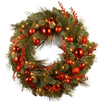 National Tree 24 Inch Decorative Collection Christmas Red Mixed Wreath with 50 Battery Operated Soft White LED Lights with Timer  (DC13-159-24WB-1)