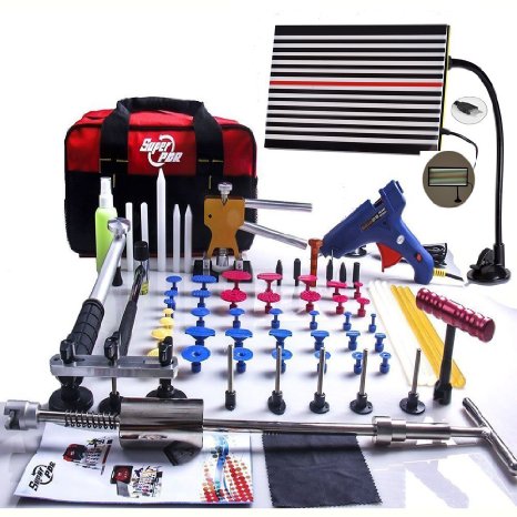 Super PDR® 68pcs Auto Body Paintless Dent Removal Repair Tools Kits Dent Lifter Slide Hammer Pro Tabs Tap Down LED Reflector Board With Tool Bag