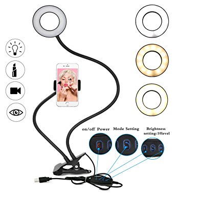Buluri LED Selfie Ring Light for iPhone with Cell Phone Holder (3 Lighting Modes), Rechargeable Selfie Light Ring with Lazy Bracket for Makeup, Youtube, Facebook, Samsung, HUAWEI, Tablet, Live Stream