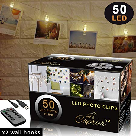 CAPRIER Luxury Photo Clips String Light, 50 LED Big Clips, Dimmable 8 Modes with Timer, USB and Battery Powered, Dorms Decor, Photo String with Clips Hanging Polaroid, Room Decoration for Teen Girl