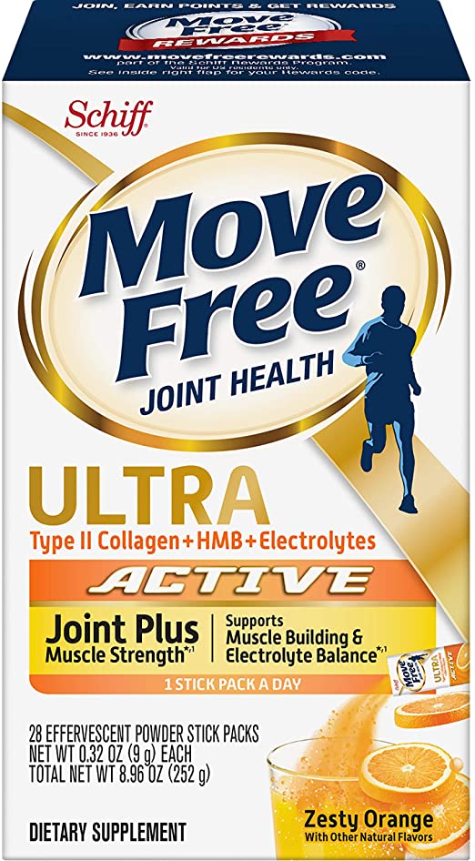 Type II Collagen, Electrolytes & HMB Ultra Joint Plus Muscle Strength Powder Packets, Move Free (28 Count in a Box)