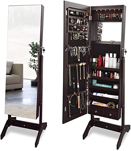 Galsoar Standing Jewelry Armoire, Lockable Jewelry Organizer with Frameless Full Length Mirror, Large Capacity, 6 LED Lights, 2 Drawers, 1 Inside Makeup Mirror, 3 Angle Adjustable, Brown