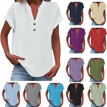 Womens Button Down Linen Shirt Short Sleeve V Neck Shirts Solid Color Comfy Tops Summer Casual Dressy Tunic Top